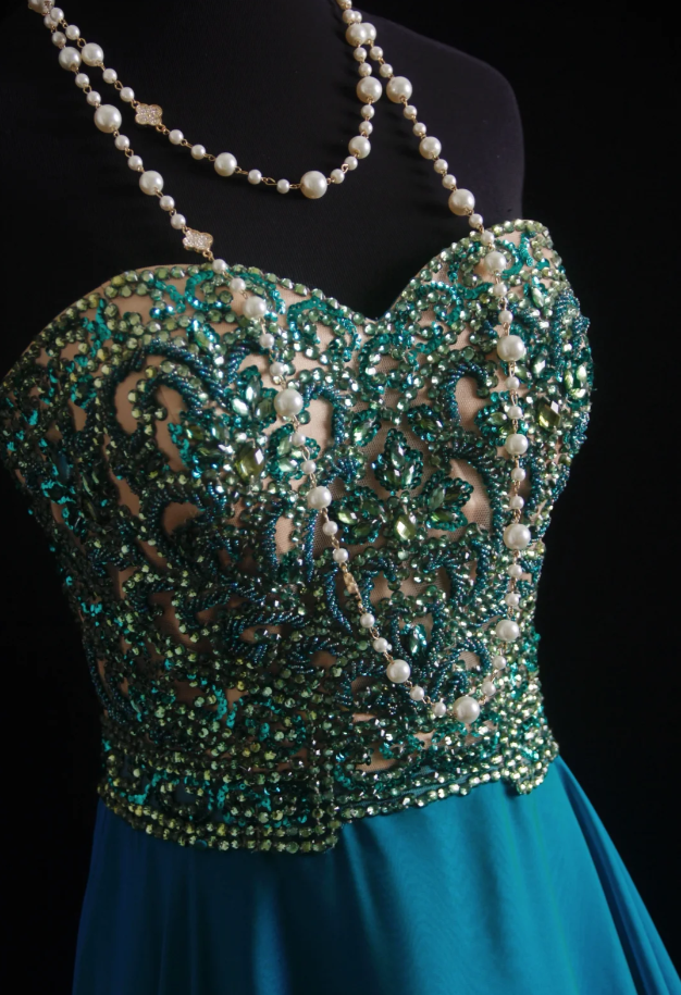 Unique Blue Green Strapless Satin Beaded Long Wedding Guest Dress Formal Birthday Party Dress Prom Gown D1999