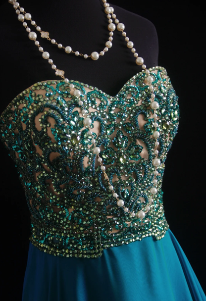Unique Blue Green Strapless Satin Beaded Long Wedding Guest Dress Formal Birthday Party Dress Prom Gown D1999