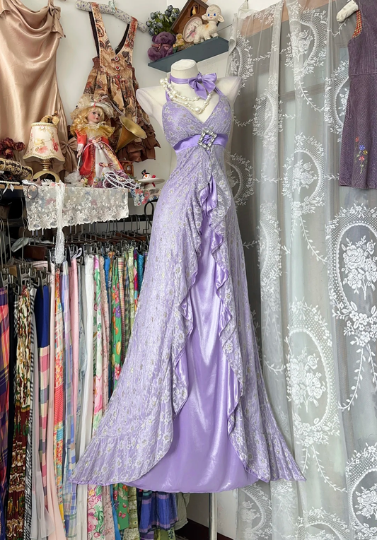 Pretty Lavender Halter Satin Lace Mermaid Long Party Dress Evening Gown D3215