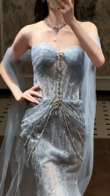 Glitter Sky Blue Strapless Tulle Sequin Beaded Mermaid Evening Dress Long Birthday Prom Dress Party Dress D1880