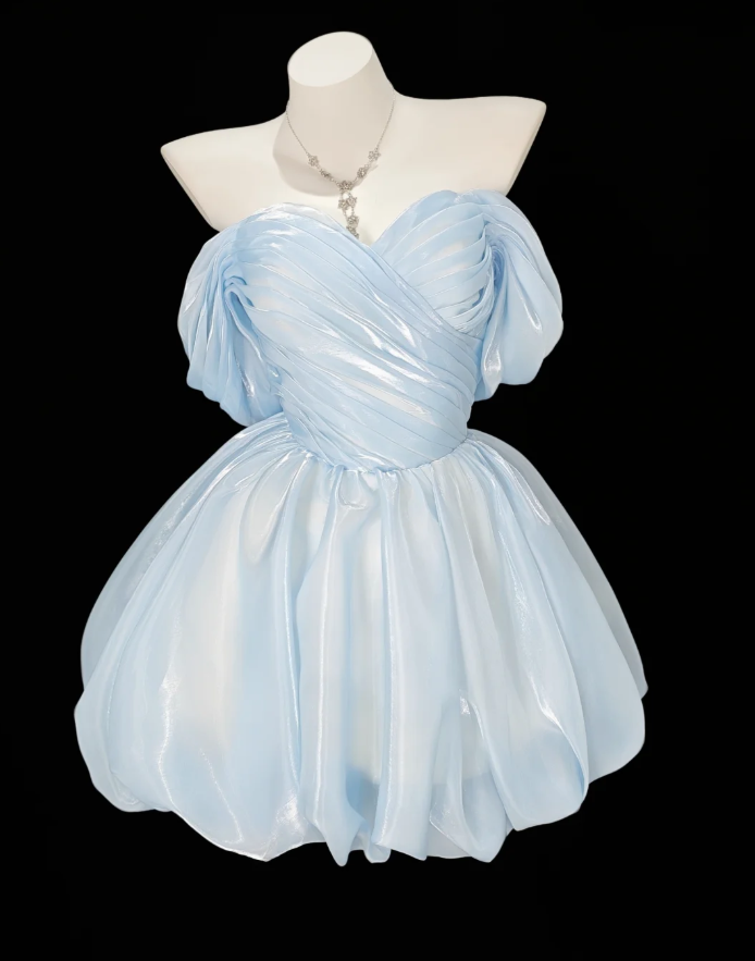 Classy Sky Blue Organza Pleated A Line Short Homecoming Dress 16th Birthday Outfits D2347