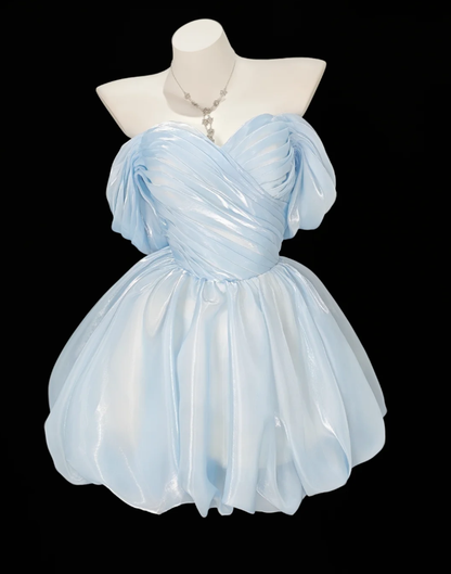 Classy Sky Blue Organza Pleated A Line Short Homecoming Dress 16th Birthday Outfits D2347