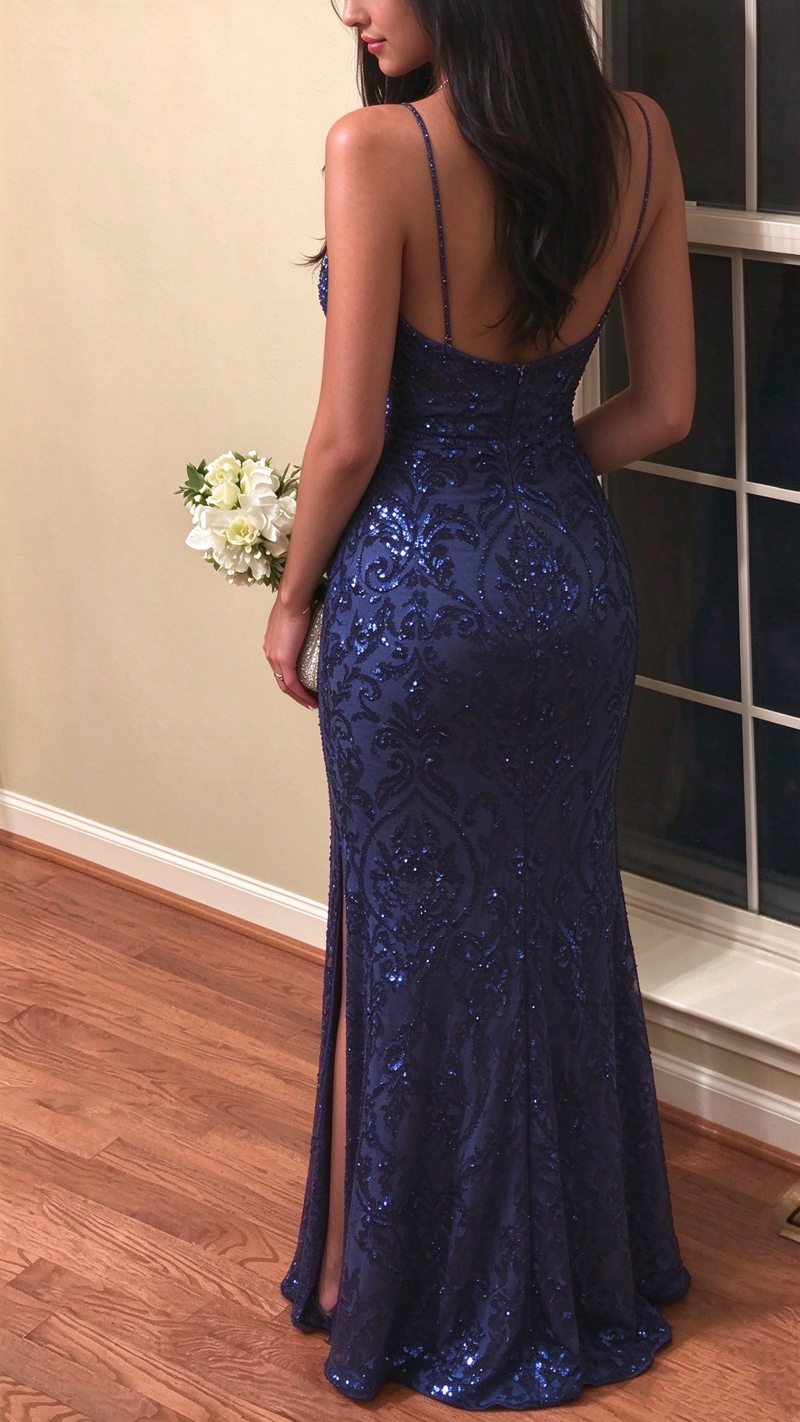 Elegant Spaghetti Straps Satin Tulle Sequin Beaded Prom Dress Navy Blue Mermaid Slit Long Evening Dress D5180