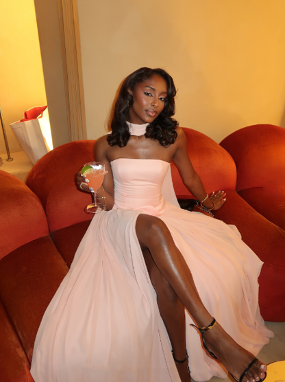 Classy Satin Chiffon Pink Strapless Slit Mermaid Prom Dress Formal Wedding Guest Dress With Ribbon D1083