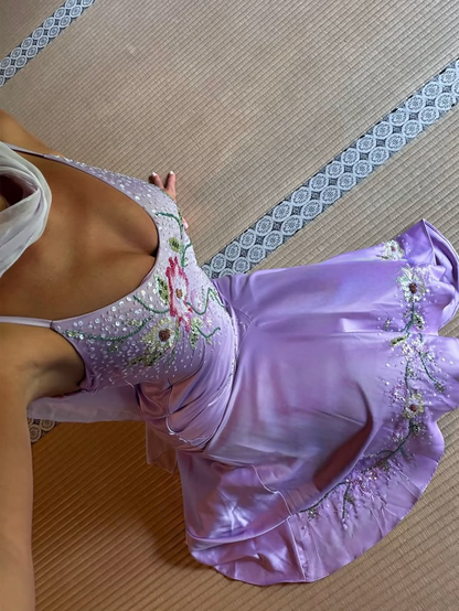 Classy Spaghetti Straps Satin Sequin Floral Mermaid Long Party Dress Purple Long Birthday Evening Gown D4775