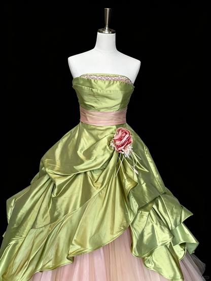 Pretty Strapless Tulle Satin Ruffles Birthday Quinceanera Dress Green Sweet 16 Dress With Flowers D5291