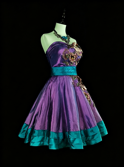 Retro Purple Satin Embroidery Floral A Line Short 16th Birthday Outfits,Strapless Short Homecoming Dress D4058