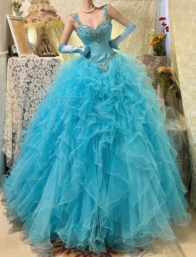 Elegant Blue Tulle Beaded Ruffles Long Ball Gown Formal Birthday Quinceanera Dress With Gloves D21115