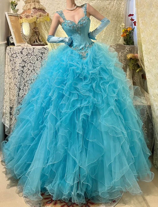 Elegant Blue Tulle Beaded Ruffles Long Ball Gown Formal Birthday Quinceanera Dress With Gloves D21115