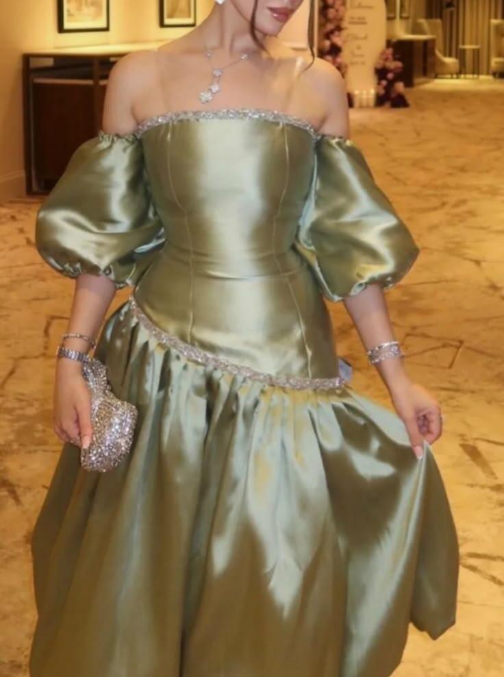 Elegant Sage Green Satin Beaded Long Party Dress Off The Shoulder Long Evening Dress D4751