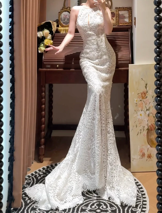 Retro Lace Sleeveless Mermaid Long Wedding Dress White Bridal Dresses D2034