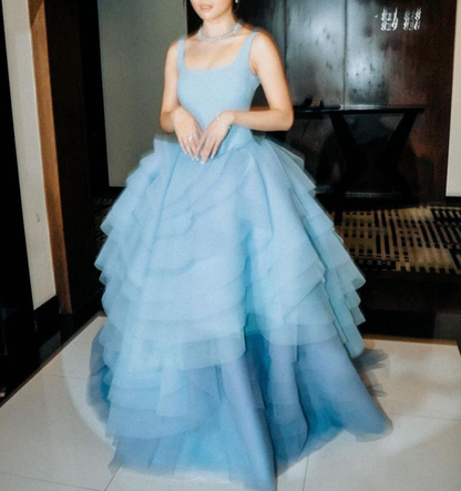 Glamorous Spaghetti Straps Blue Tulle Layered Ball Gown Long Evening Dress D1872