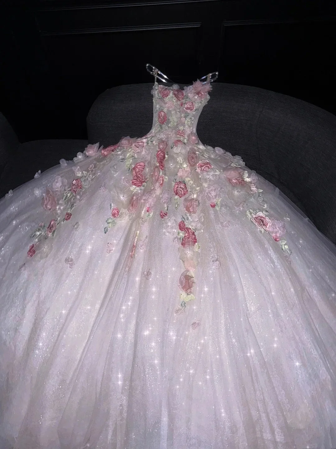 Glamorous Ball Gown Strapless White Floral Tulle Sequin Long Wedding Dress Bridal Dress D4559