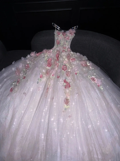 Glamorous Ball Gown Strapless White Floral Tulle Sequin Long Wedding Dress Bridal Dress D4559