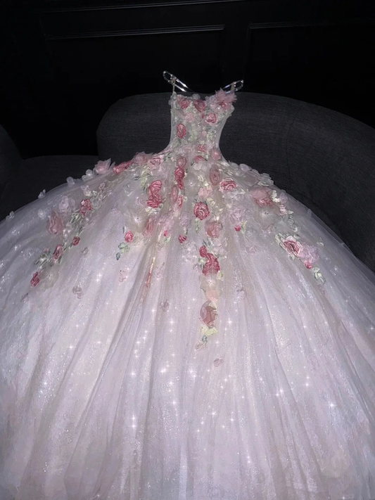 Glamorous Ball Gown Strapless White Floral Tulle Sequin Long Wedding Dress Bridal Dress D4559