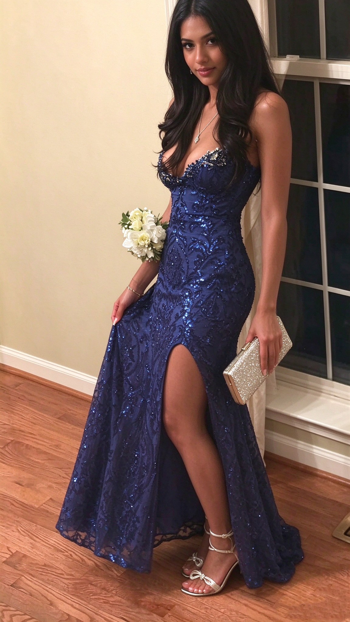 Elegant Spaghetti Straps Satin Tulle Sequin Beaded Prom Dress Navy Blue Mermaid Slit Long Evening Dress D5180
