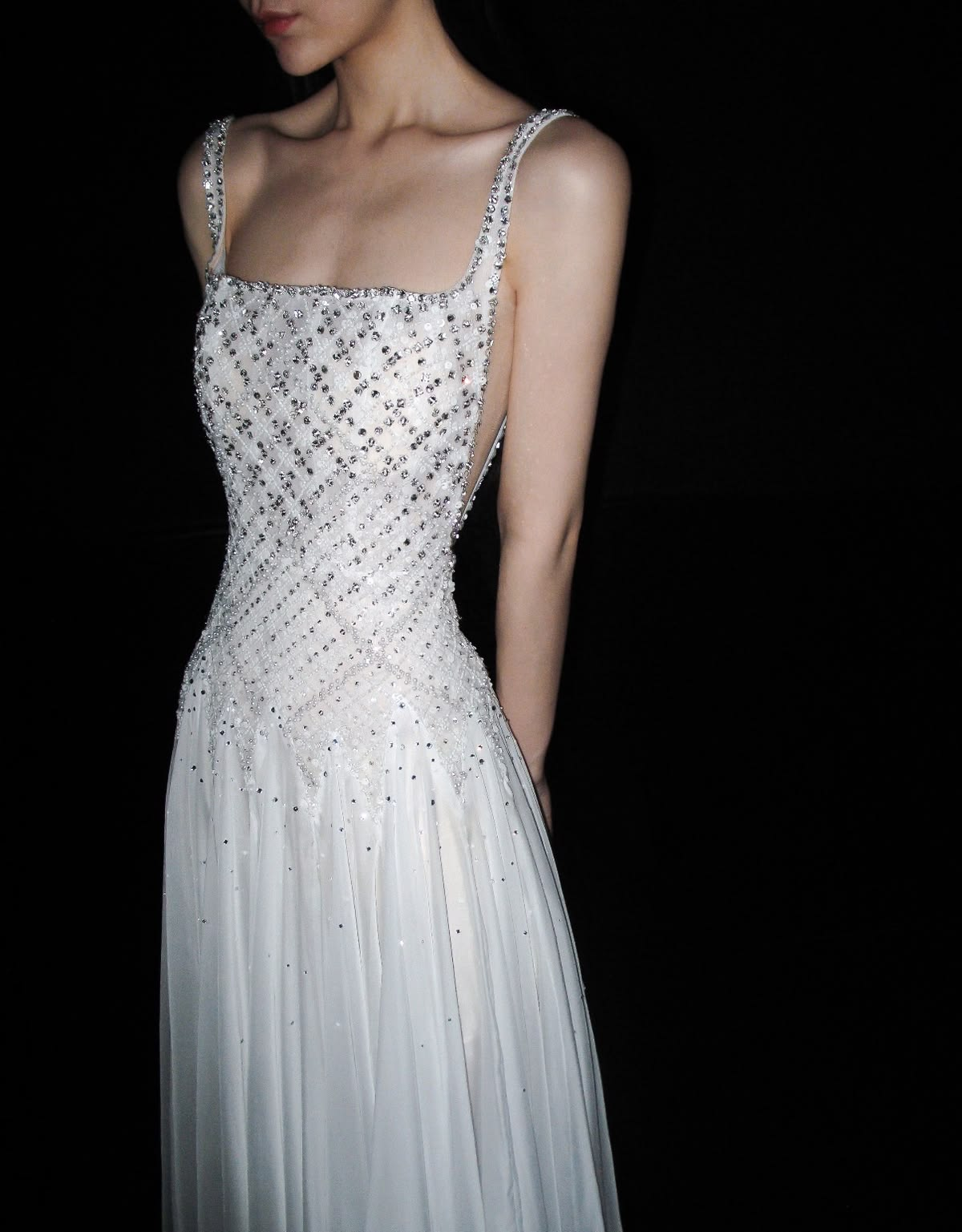 Glamorous Spaghetti Straps Tulle Beaded A Line Party Dress,White Long Evening Dress D3830