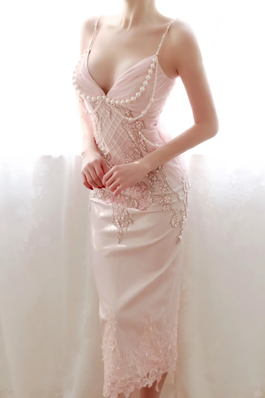 Pretty Spaghetti Straps Satin Lace Sheath Midi Party Dress Pink Birthday Prom Dress With Pearls D2716