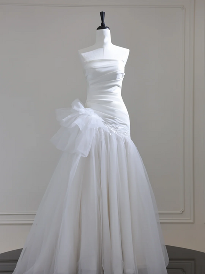 Elegant White Strapless Satin Tulle Mermaid Long Wedding Dress Bridal Gowns D3090