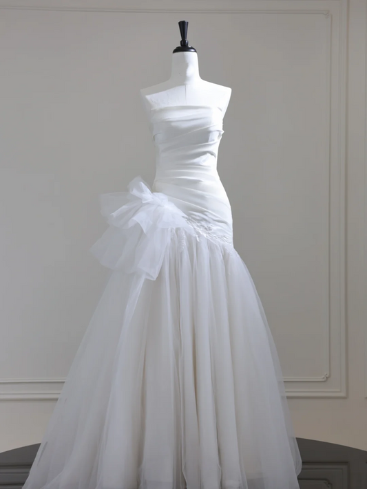 Elegant White Strapless Satin Tulle Mermaid Long Wedding Dress Bridal Gowns D3090