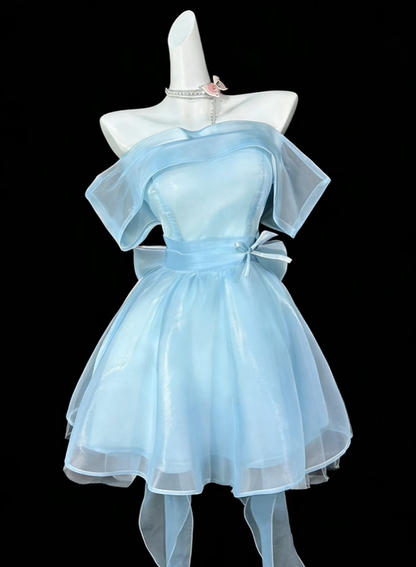 Fairy Blue Off The Shoulder Tulle A Line Short 16th Birthday Outfits,Mini Prom Dress D4188