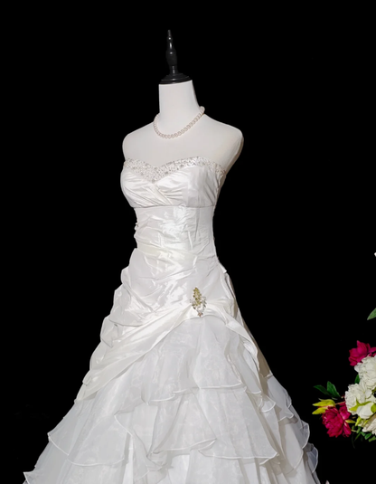 Pretty Strapless White Satin Tulle Beaded Ruffle Layered Mermaid Evening Dress Long Birthday Prom Dress D2375