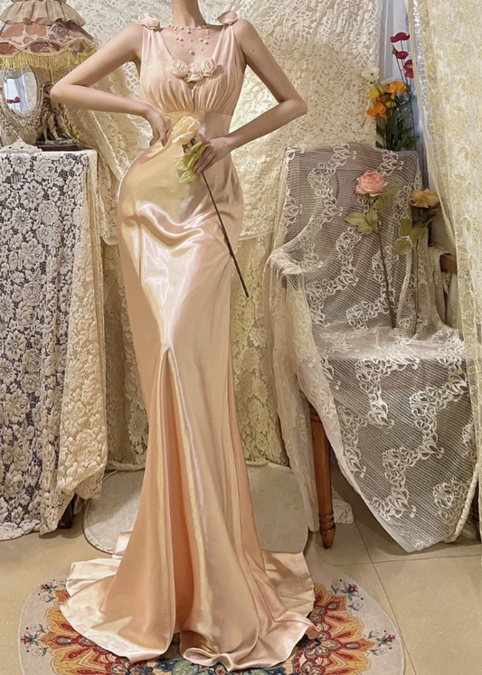Pretty Pink V Neck Satin Mermaid Long Wedding Guest Dress Formal Birthday Prom Dress Party Gown D2139