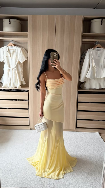 Classy Spaghetti Straps Satin Chiffon Mermaid Long Wedding Guest Dress Yellow Long Evening Dress D4727