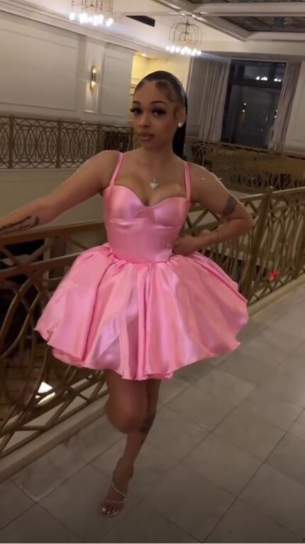 Pretty Spaghetti Straps Satin Short Graduation Homecoming Dress Pink Short Birthday Dress D4452