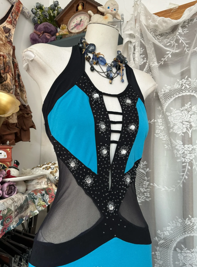 Vintage Halter Blue Satin Beaded Mermaid Prom Dress Long Evening Dress D1616