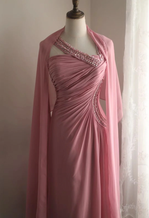 Pretty Pink Chiffon Beaded Mermaid Long Party Dress Evening Gown D2326