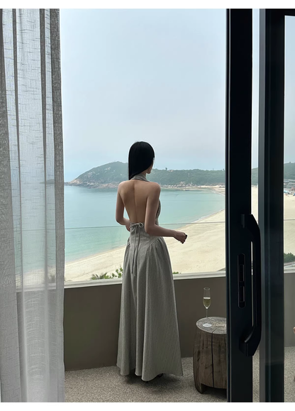 Fashion Halter Gray satin Pleated A Line Long Wedding Guest Dress,Backless Long Evening Dress Prom Gown With Pockets D2085