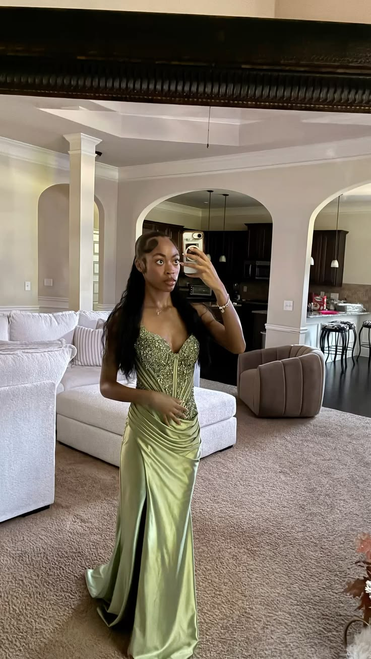 Fashion Spaghetti Strap Sage Green Satin Beaded Slit Mermaid Long Party Dress Evening Gown D5001