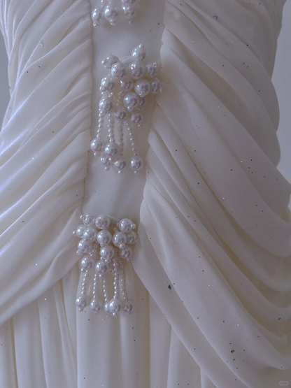 Elegant Chiffon Pleated Sleeveless Birthday Party Dress White Vacation Dress With Pearls S484