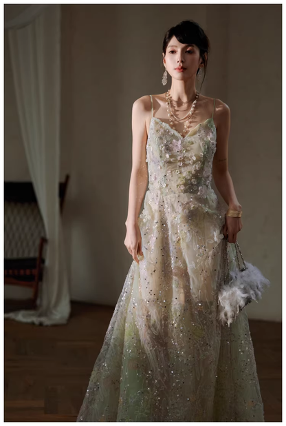 Pretty Spaghetti Straps Green Tulle Appliques A Line Long Birthday Prom Dress Evening Dress D2434