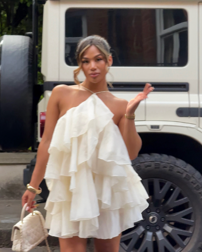Classy Halter Off White Chiffon Layered Short Homecoming Dress Birthday Dress D4661