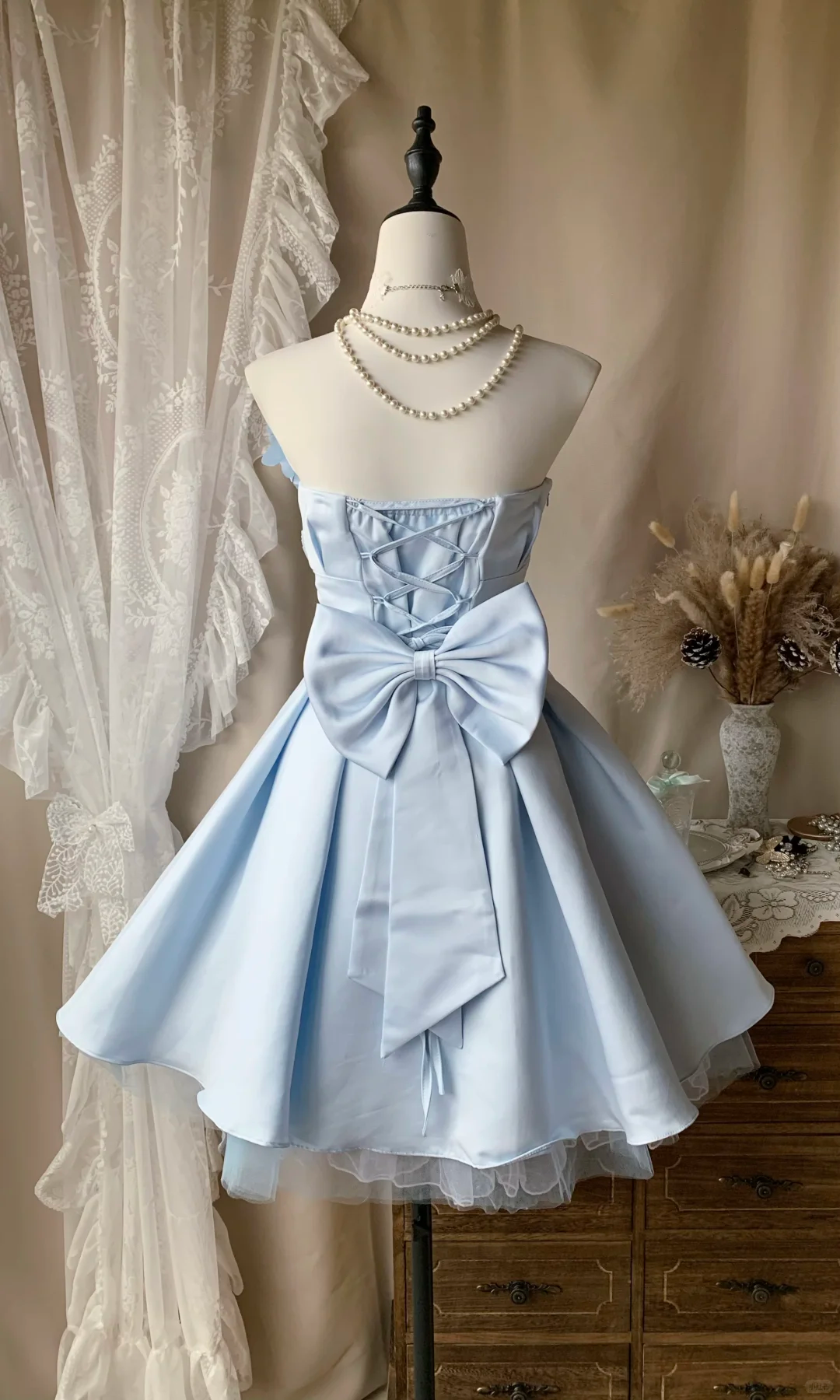 Elegant Blue Strapless Satin Tulle A Line Short Homecoming Dress Birthday Dress With 3D Flower D3176