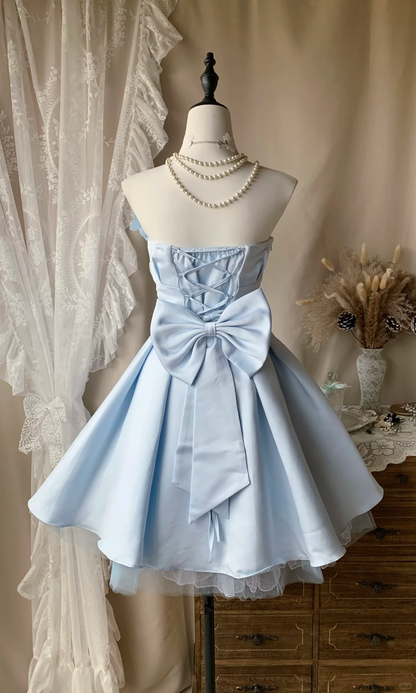 Elegant Blue Strapless Satin Tulle A Line Short Homecoming Dress Birthday Dress With 3D Flower D3176