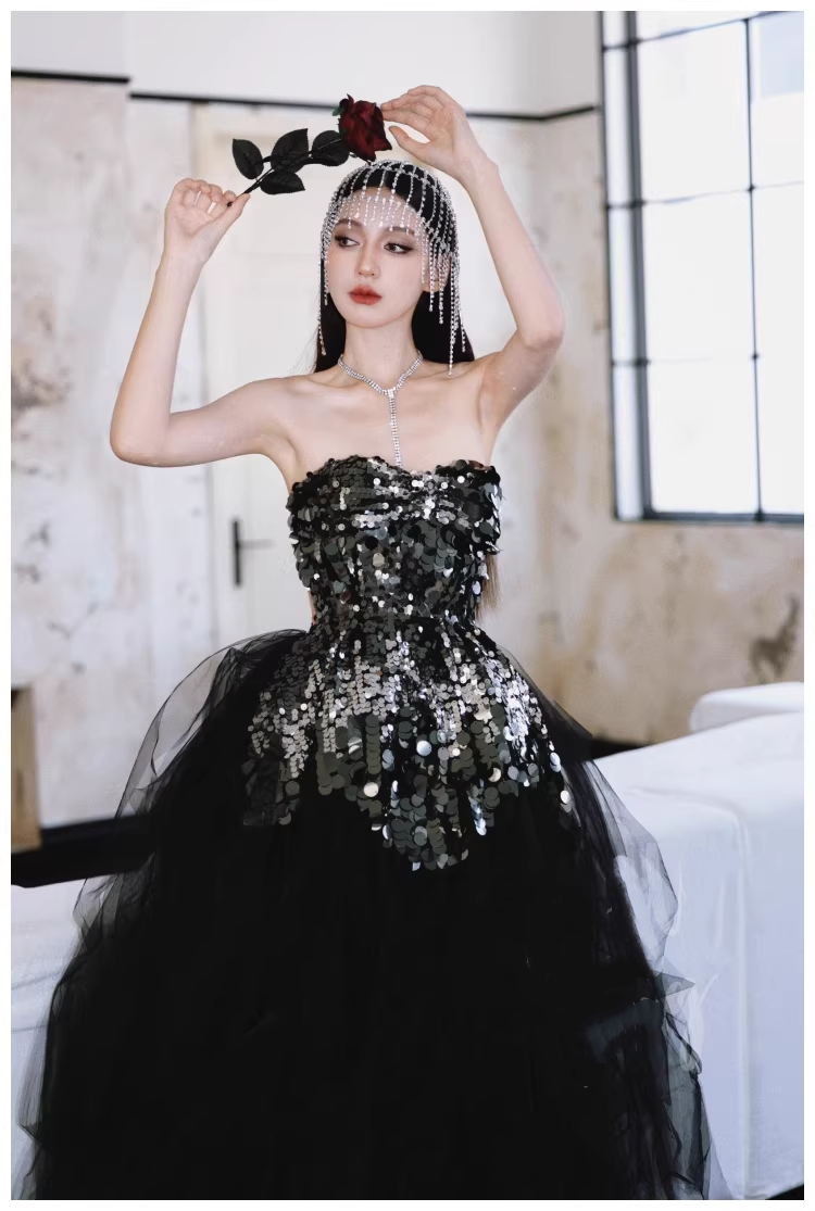 Gorgeous Strapless Black Tulle Sequin A Line Long Evening Dress Birthday Dress D2414