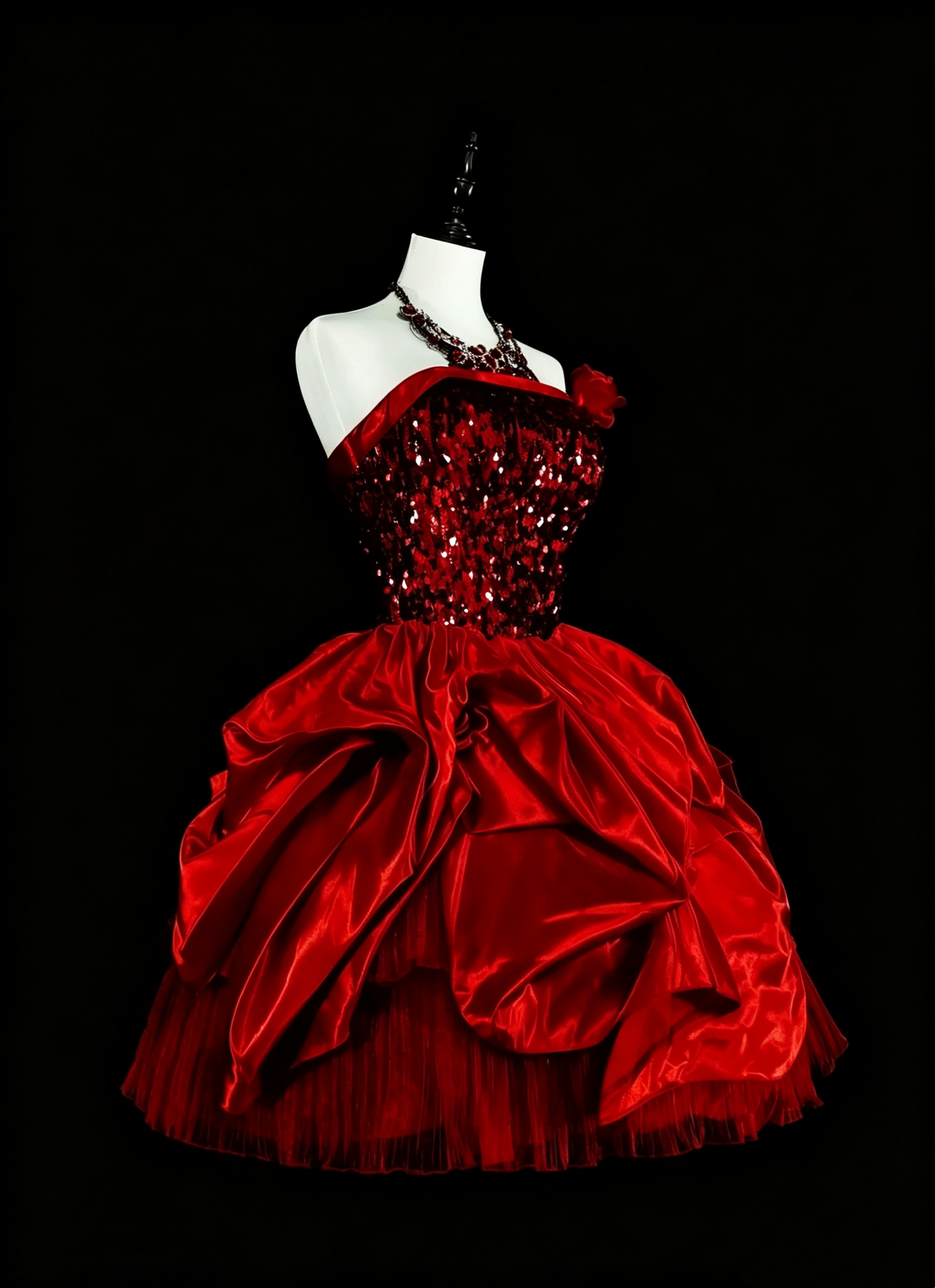Sparkly Strapless Red Satin Tulle Sequin A Line Short Homecoming Dress Cocktail Dress D4053