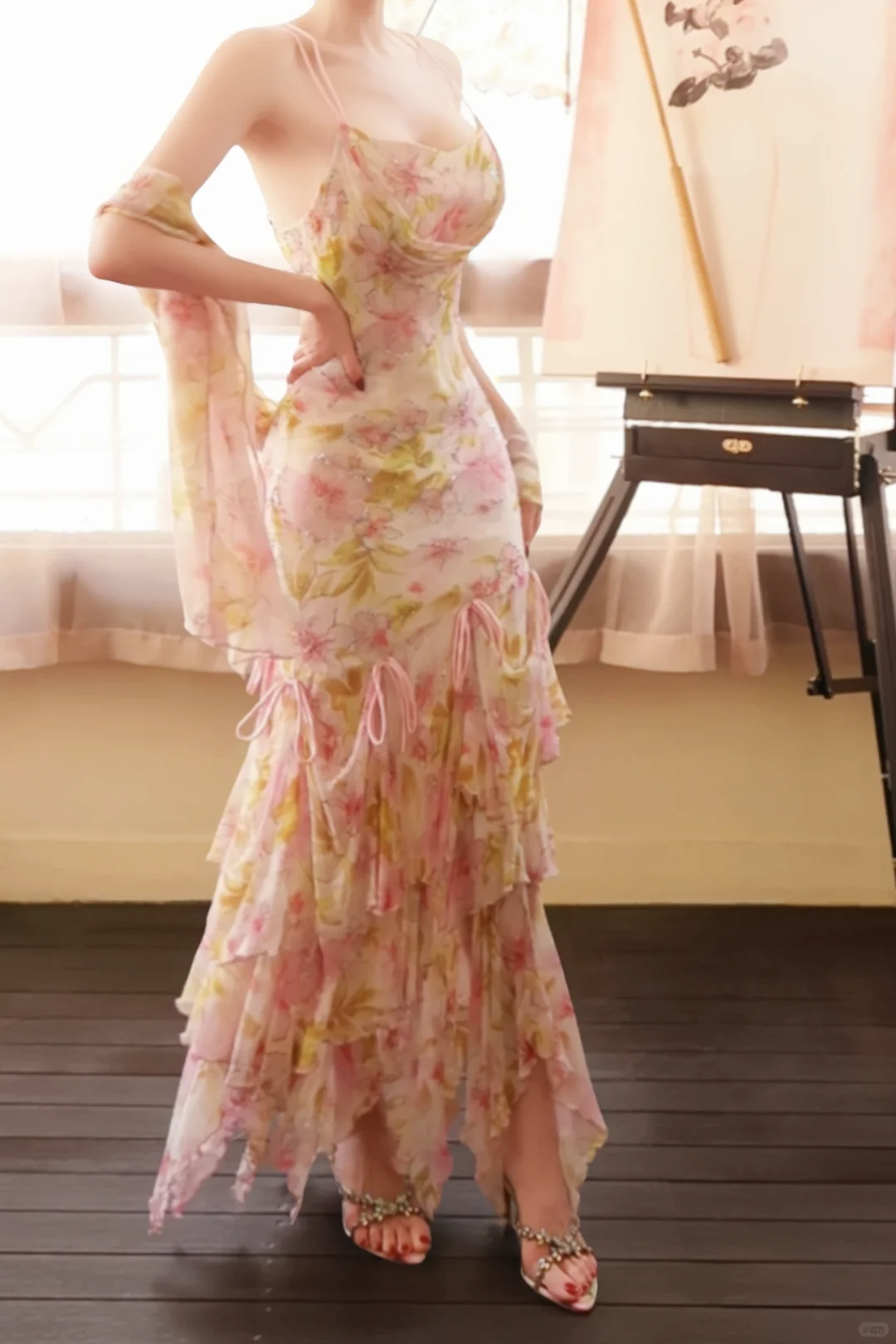 Pretty Pink Chiffon Print Floral Ruffles Mermaid Evening Dress Long Birthday Dress With Wrap D2769