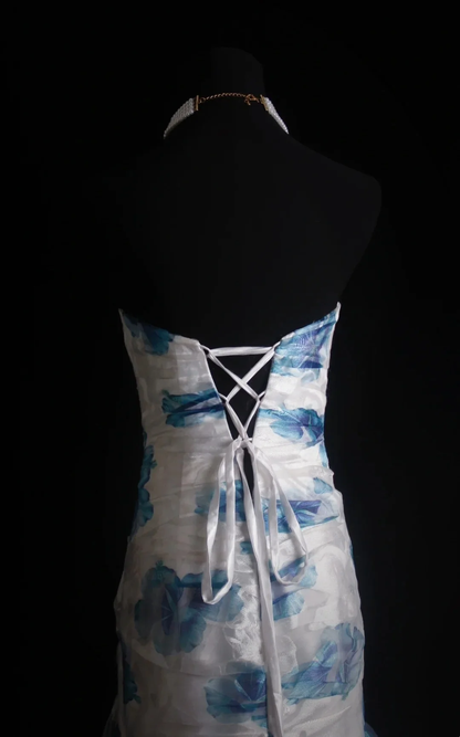 Elegant Sweetheart Neck Chiffon Floral Beaded Long Party Dress Blue Mermaid Long Evening Gown D4566