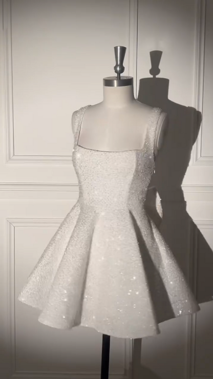 Sparkly Spaghetti Straps Sequin A Line Short Prom Dress,White A Line Short 7th Grade Homecoming Dress D3681