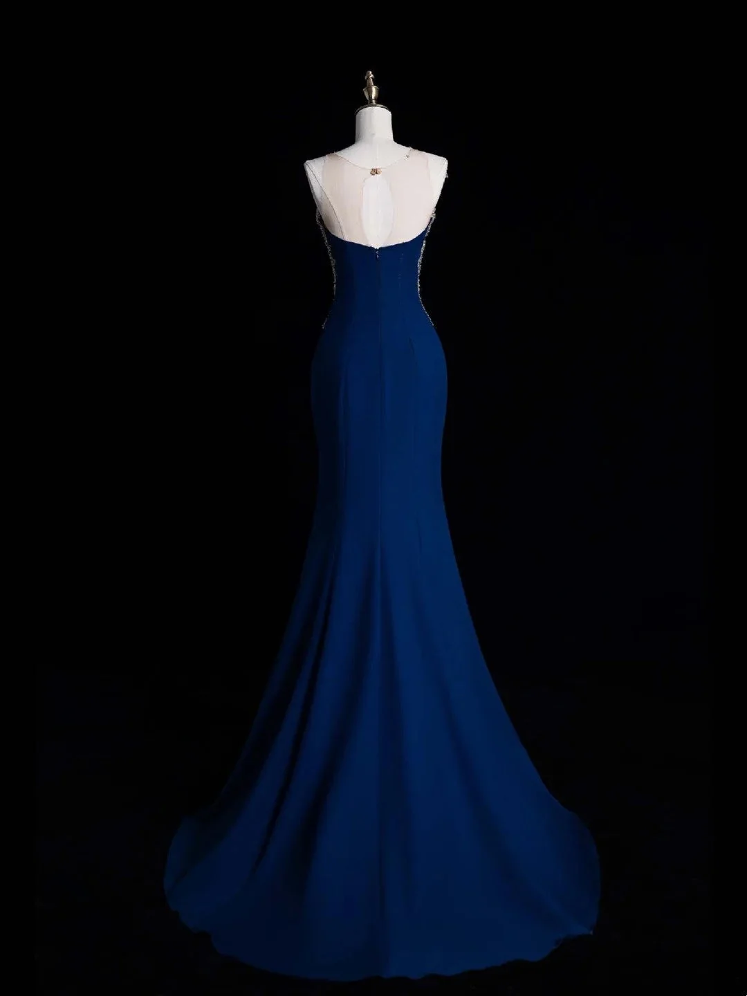Elegant Blue Satin Beaded Mermaid Long Evening Dress Birthday Prom Dresses D4523