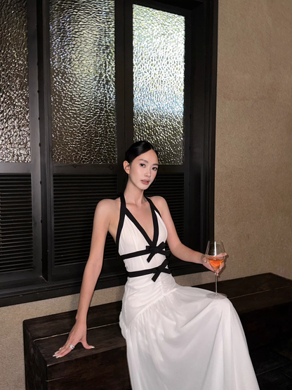 Sexy Halter V Neck Off White Chiffon Mermaid Long Wedding Guest Dress Backless Evening Dress With Bow D2087