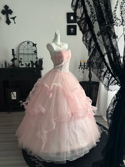 Sweet Pink Ball Gown Strapless Tulle Appliques Birthday Quinceanera Dress D3702