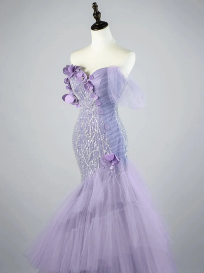 Glamorous Off The Shoulder Lilac Tulle Sequin Beaded Mermaid Long Evening Dress Party Gown D4525