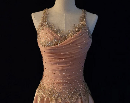 Spaghetti Straps V Neck Elegant Pink Satin Beaded Short Prom Dress Homecoming Dress D606