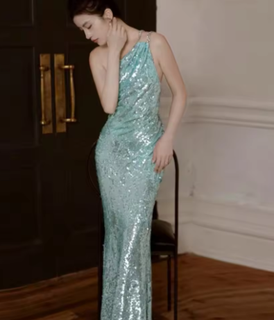 Charming One Shoulder Sequin Green Mermaid Prom Dress Backless Long Evening Dress D877