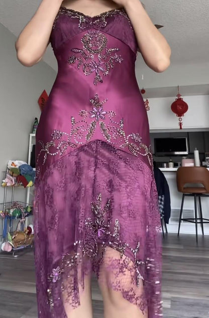 Vintage Grape Purple Satin Lace Beaded Mermaid Evening Dress,Spaghetti Straps V Neck Long Prom Dress D3476